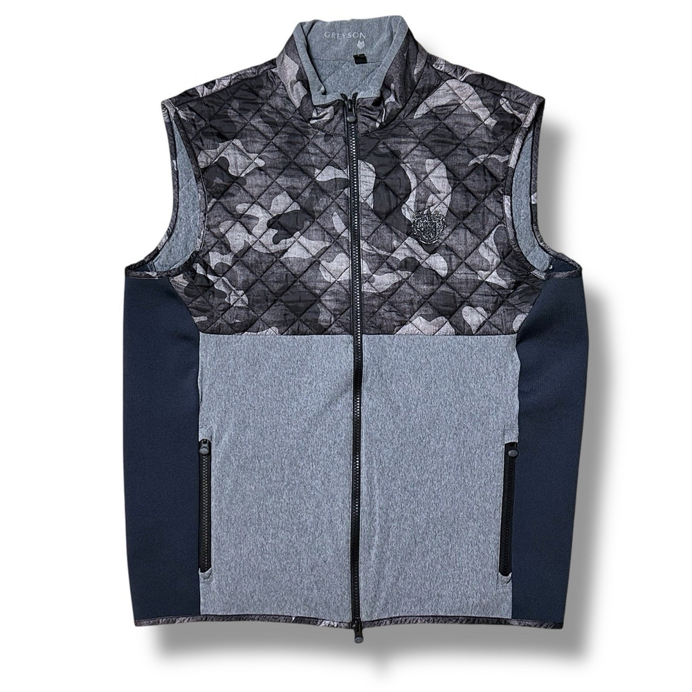 Greyson Mens M Quilted Vest Gray Camo Full Zip Trump International Golf Club EUC